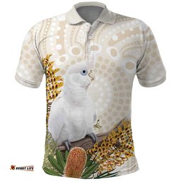 Australia Little Corella Polo Shirt Cacatua Sanguinea Western Grevillea Aboriginal Art LT14