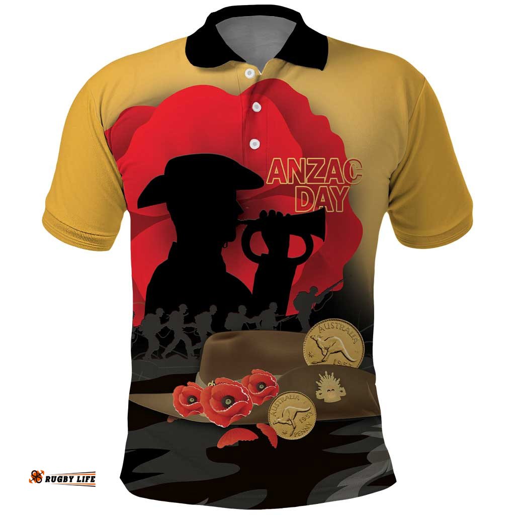 Australia Two-up Pennies ANZAC Day Polo Shirt Slouch Hat Last Post With Poppy LT14