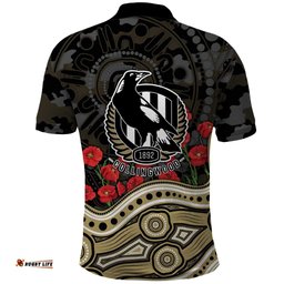 Collingwood Magpies ANZAC Day Polo Shirt Indigenous Dot Art with Poppy Flower Tribute TS04