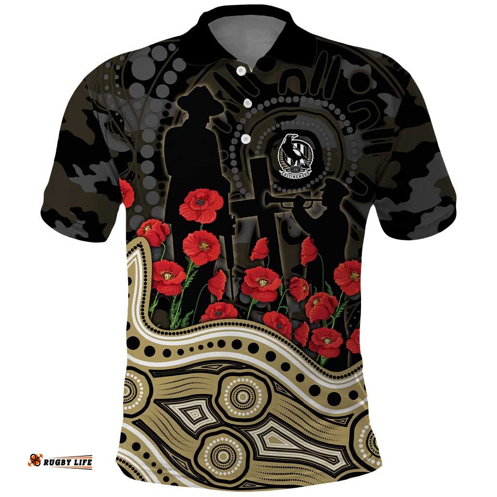 Collingwood Magpies ANZAC Day Polo Shirt Indigenous Dot Art with Poppy Flower Tribute TS04