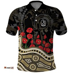 Collingwood Magpies ANZAC Day Polo Shirt Indigenous Dot Art with Poppy Flower Tribute TS04