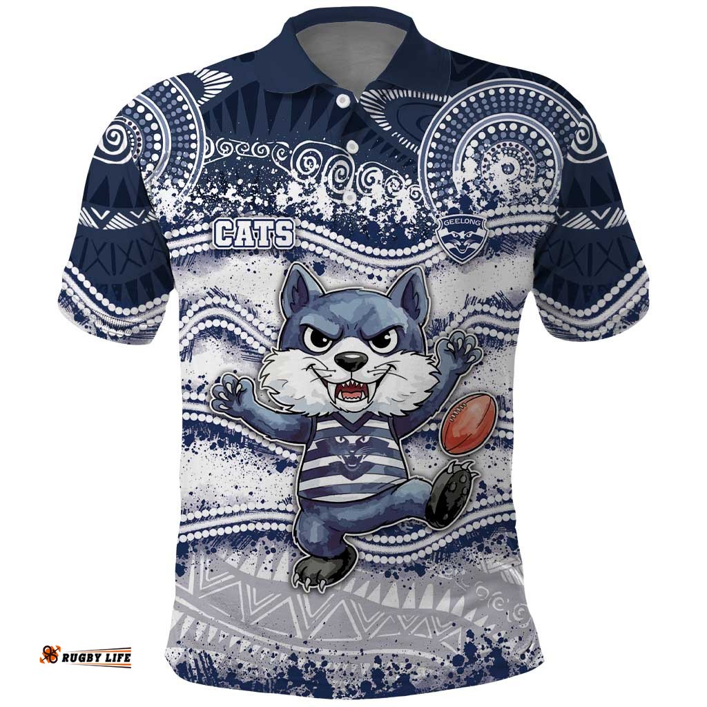 Custom Geelong Navy Polo Shirt Playful Cat Kicking Ball DT05