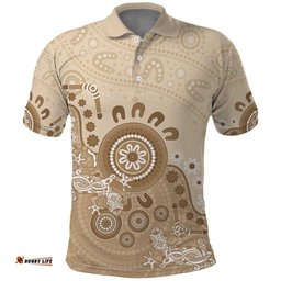 Beige Lizards Australia Polo Shirt Boomerang Indigenous Art LT14