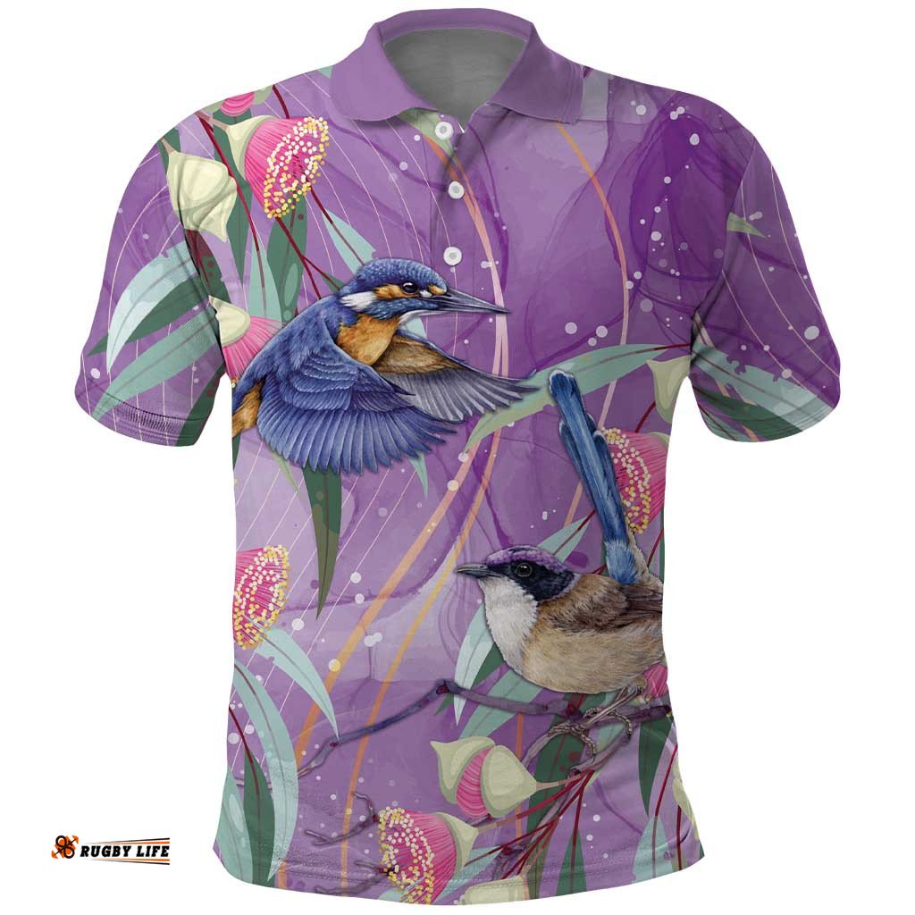 Australia Epilepsy Awareness Polo Shirt Purple Fairy Wren with Eucalyptus Flowers LT7