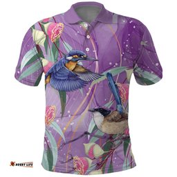 Australia Epilepsy Awareness Polo Shirt Purple Fairy Wren with Eucalyptus Flowers LT7