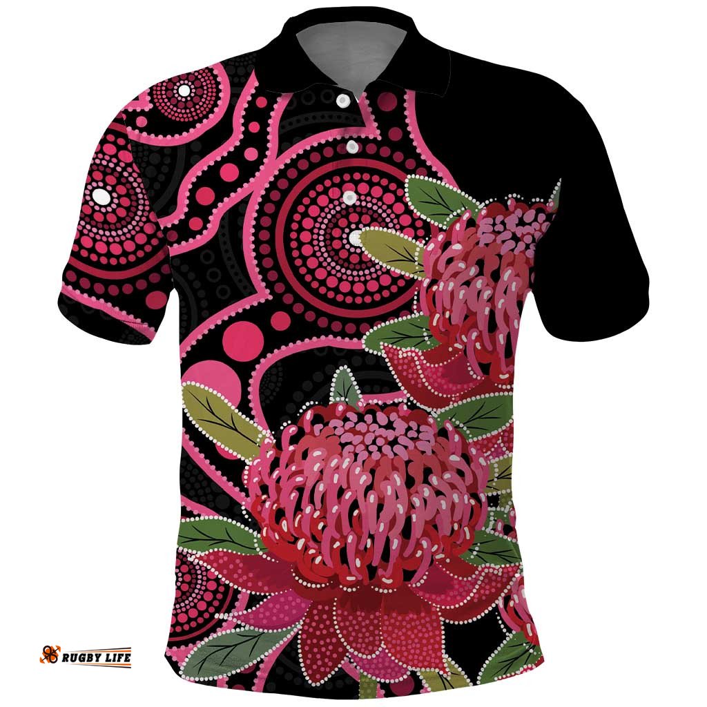 Australia Waratah Polo Shirt Telopea Aussie Native Flowers Indigenous Art LT14