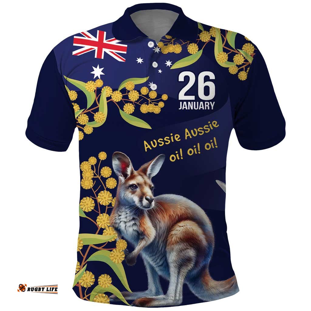 Blue Kangaroo and Golden Wattle Personalised Polo Shirt Happy Australia Day 6 January LT9