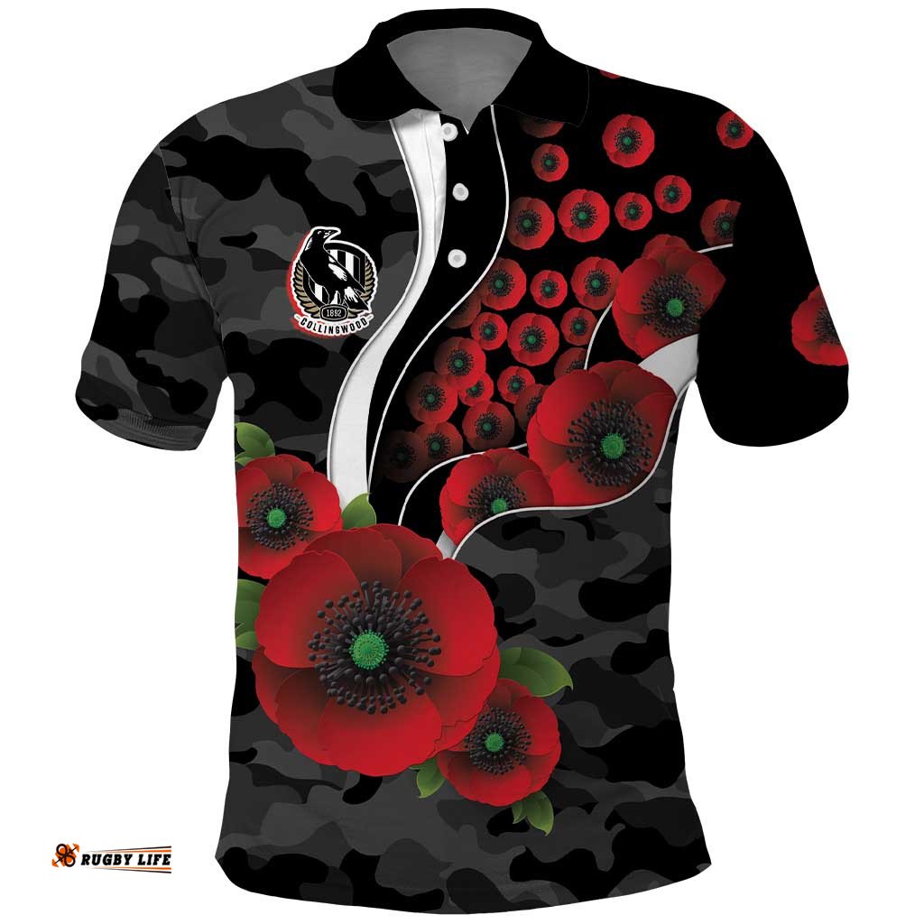 Collingwood Magpies ANZAC Personalised Polo Shirt Lest We Forget Poppy Camo LT9