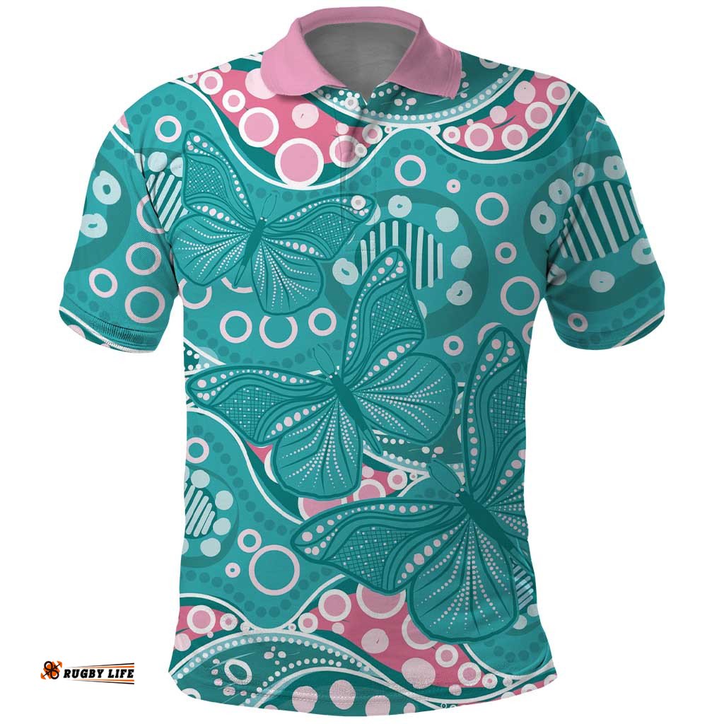 Australia Hereditary Cancer Awareness Polo Shirt Aboriginal Butterflies LT7