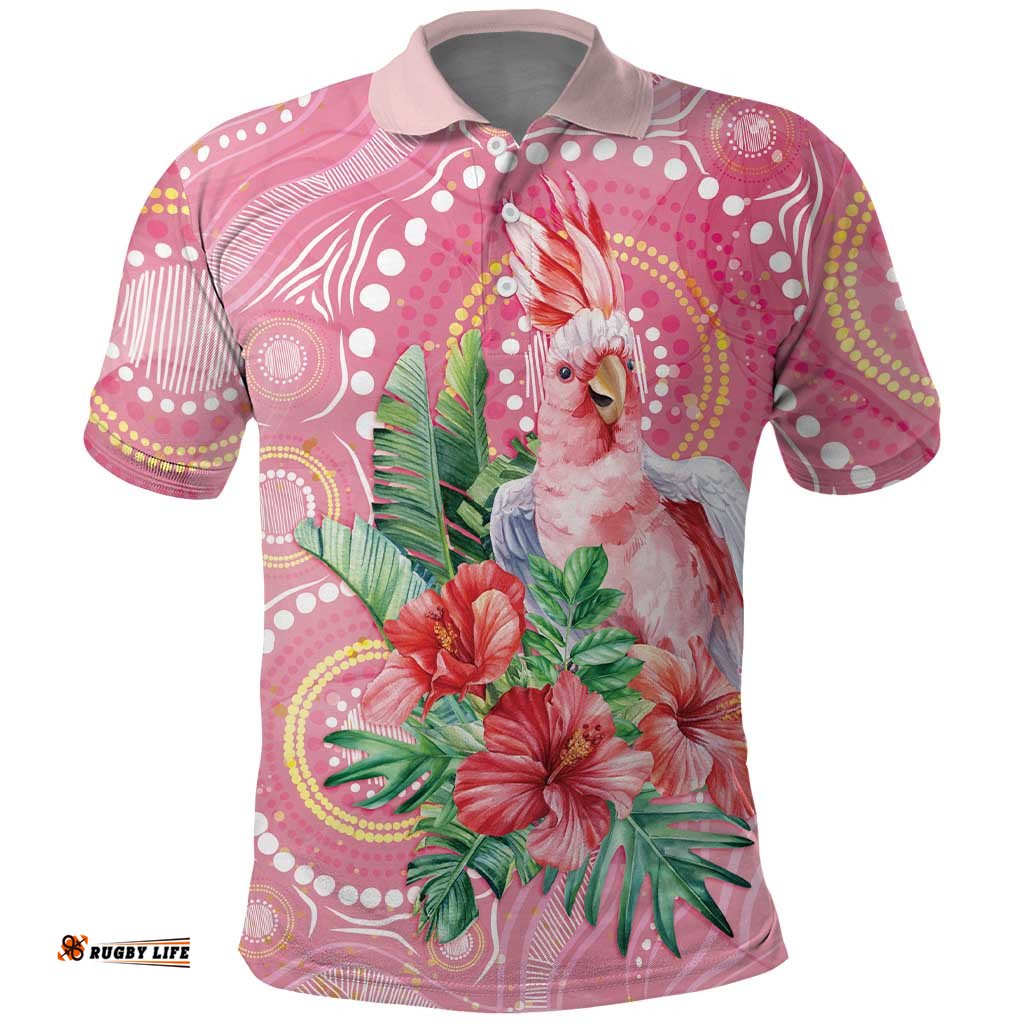 Breast Cancer Pink Cockatoo Polo Shirt Australia Indigenous Watercolor Glaze LT7