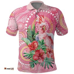 Breast Cancer Pink Cockatoo Polo Shirt Australia Indigenous Watercolor Glaze LT7