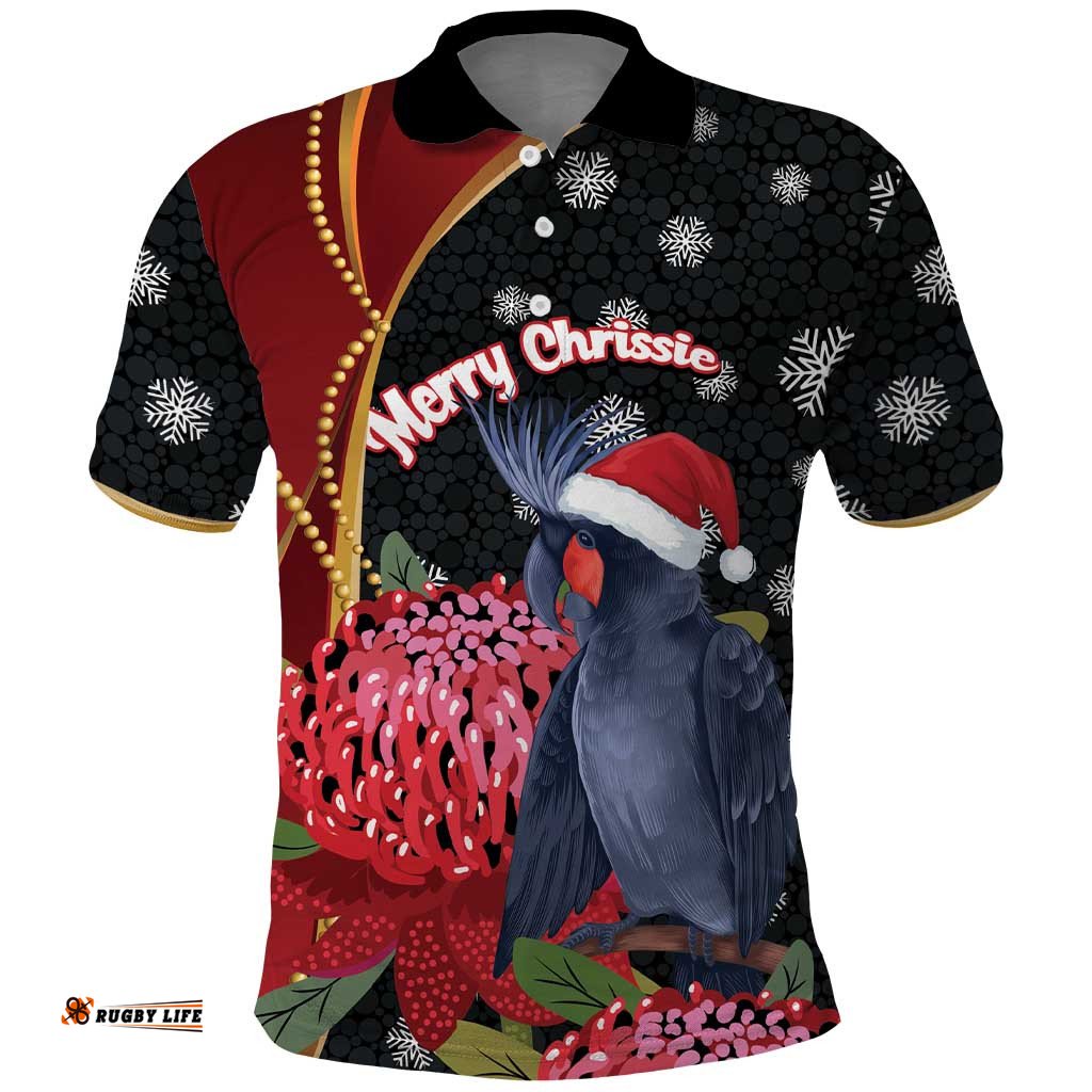 Australia Palm Cockatoo Christmas Polo Shirt Probosciger Aterrimus Waratah Merry Chrissie LT14