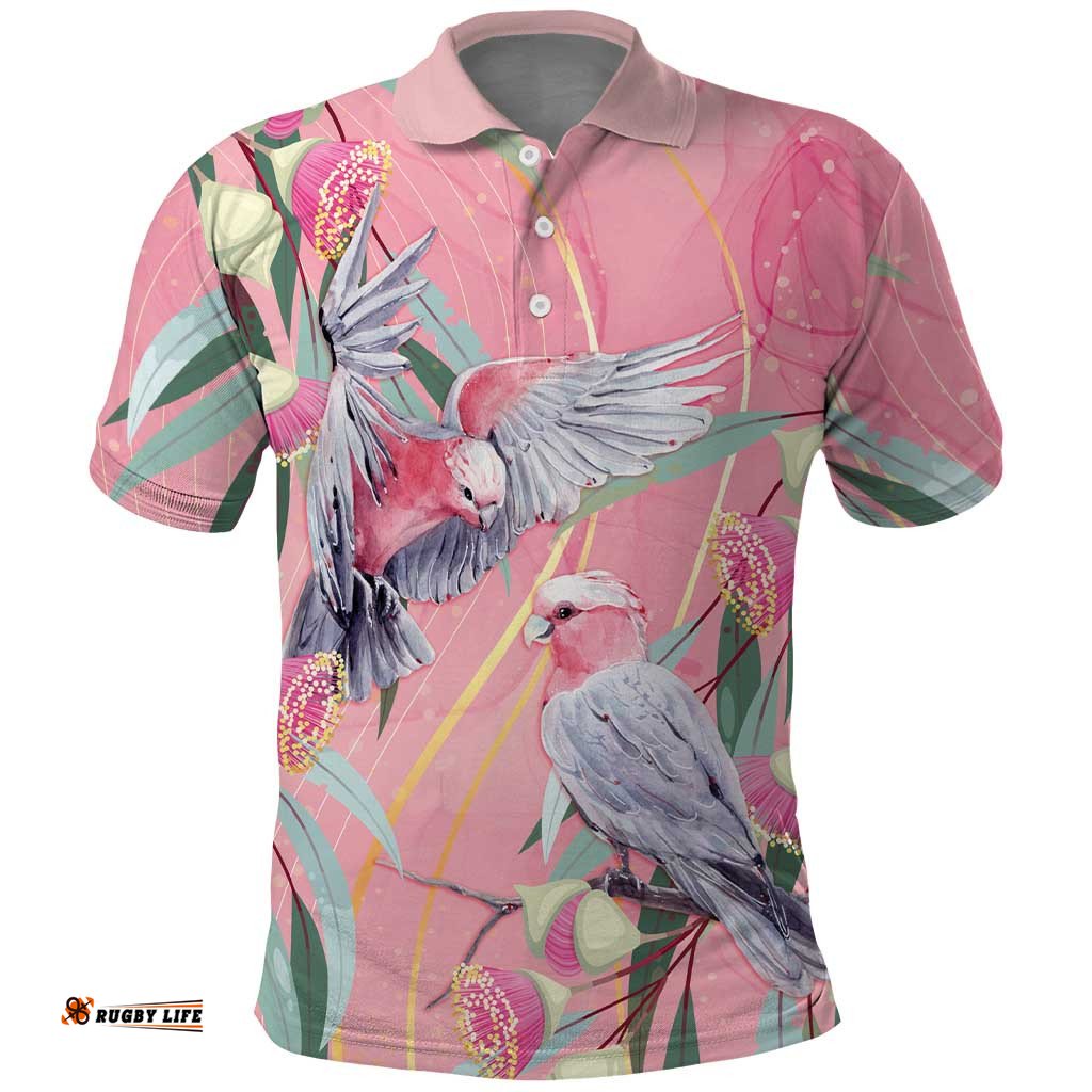 Australia Breast Cancer Awareness Polo Shirt Pink Galah with Eucalyptus Flowers LT7