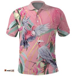 Australia Breast Cancer Awareness Polo Shirt Pink Galah with Eucalyptus Flowers LT7