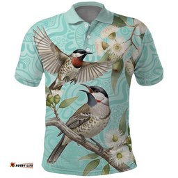 Australia Red Wattlebird Polo Shirt Eucalyptus Alba Indigenous Art LT14