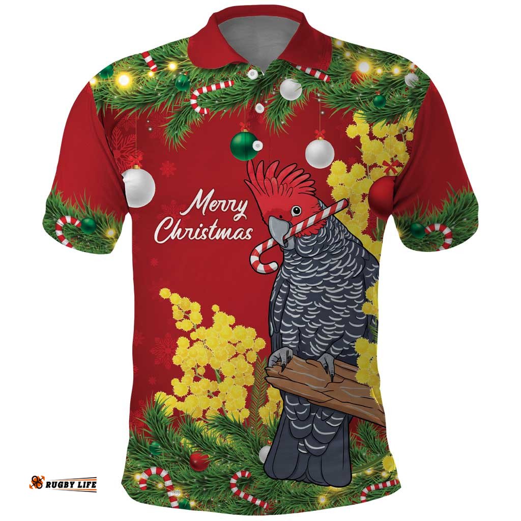 Australia Gang-gang Cockatoo Christmas Polo Shirt Callocephalon Fimbriatum Golden Wattle Red LT14