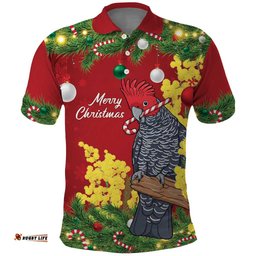 Australia Gang-gang Cockatoo Christmas Polo Shirt Callocephalon Fimbriatum Golden Wattle Red LT14