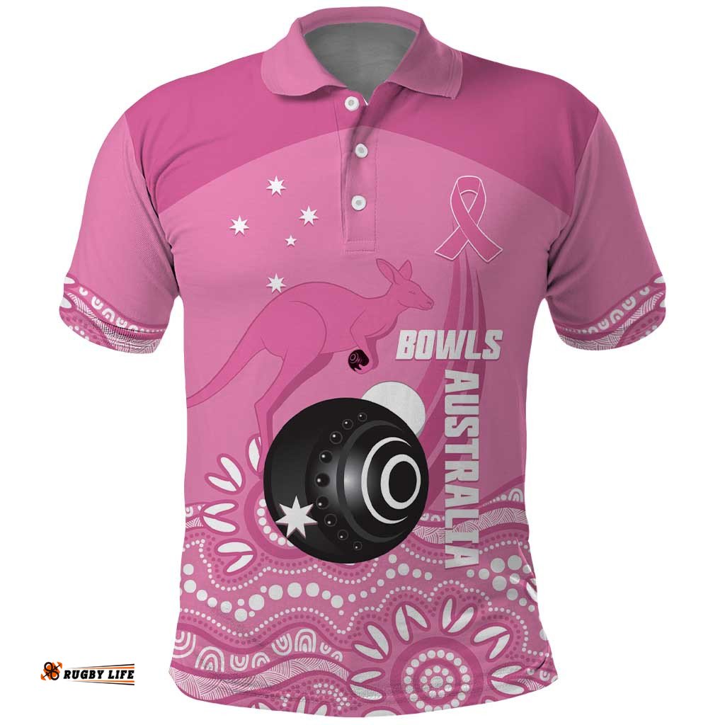 Custom Bowls Australia Breast Cancer Polo Shirt Pink Ribbon Kangaroo Aboriginal Art LT14