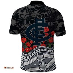 Carlton Blues ANZAC Day Polo Shirt Indigenous Dot Art with Poppy Flower Tribute TS04