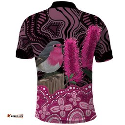 Australia Indigenous Polo Shirt Breast Cancer Pink Robin Bottlebrush Aboriginal Art LT14