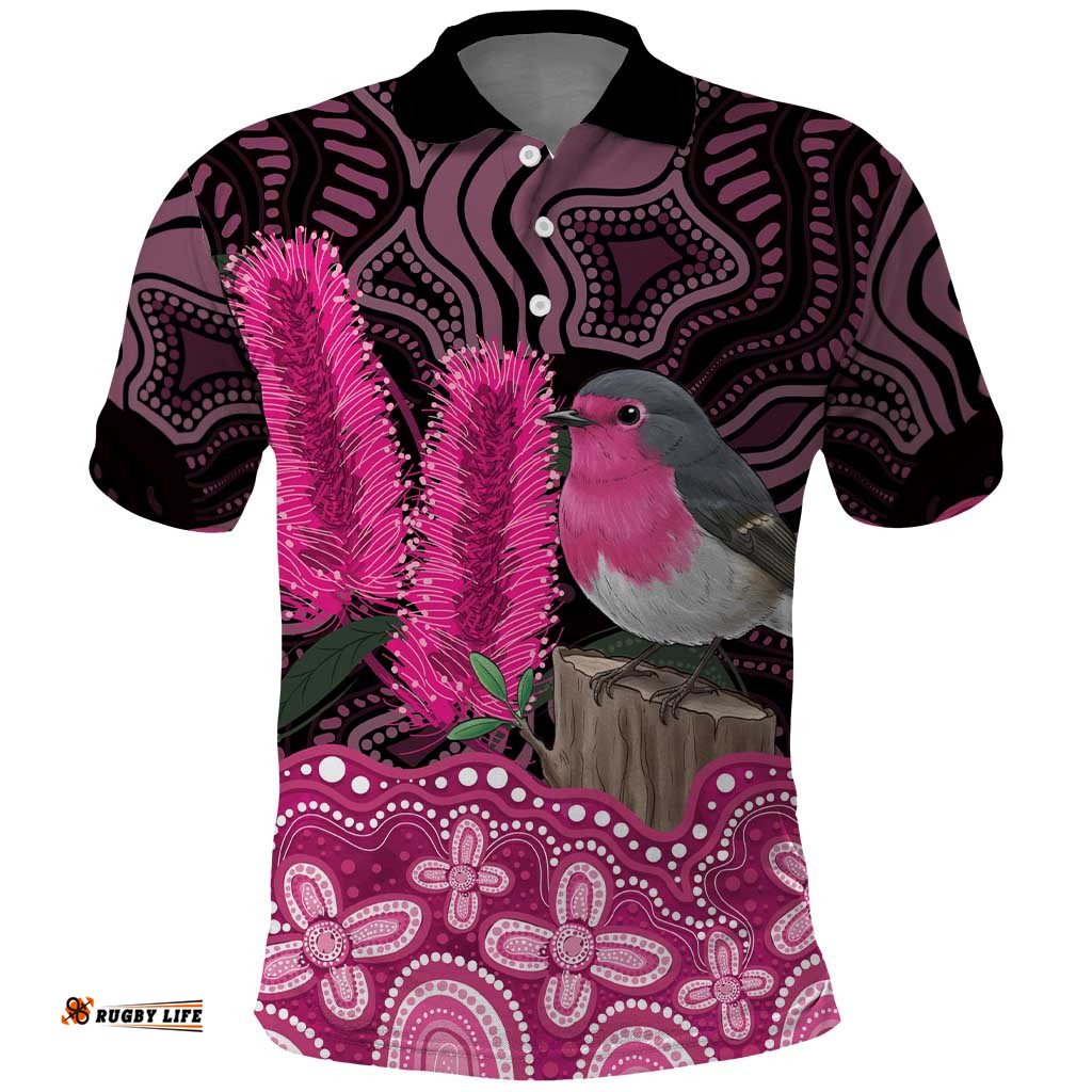 Australia Indigenous Polo Shirt Breast Cancer Pink Robin Bottlebrush Aboriginal Art LT14
