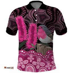 Australia Indigenous Polo Shirt Breast Cancer Pink Robin Bottlebrush Aboriginal Art LT14