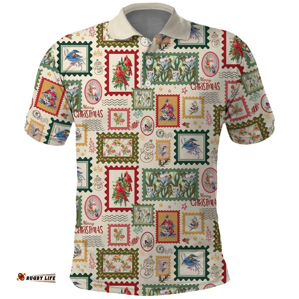 Aussie Birds Christmas La La Land Polo Shirt Beige Vintage Stamp Edition LT9