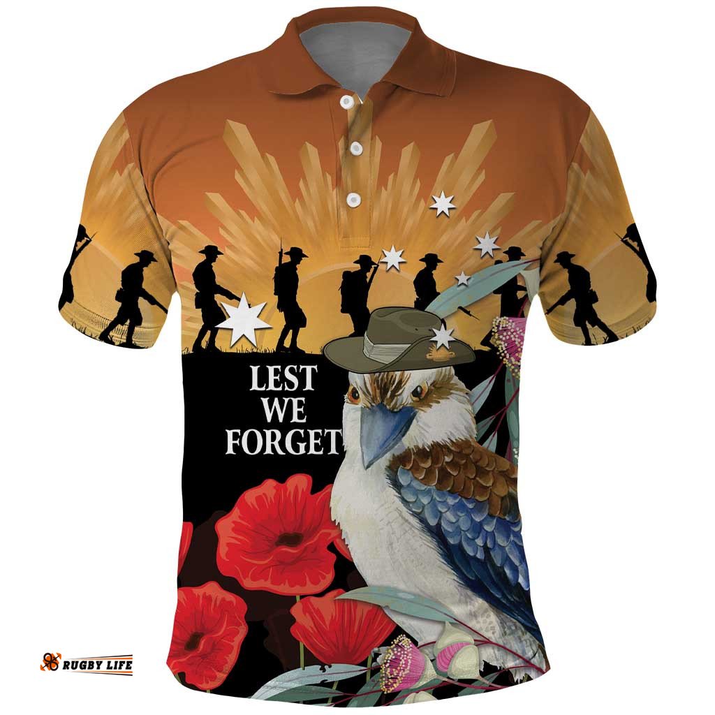 Australia Kookaburra ANZAC Day Polo Shirt Rising Sun 25th April Poppy Eucalyptus Blossoms LT14