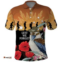 Australia Kookaburra ANZAC Day Polo Shirt Rising Sun 25th April Poppy Eucalyptus Blossoms LT14