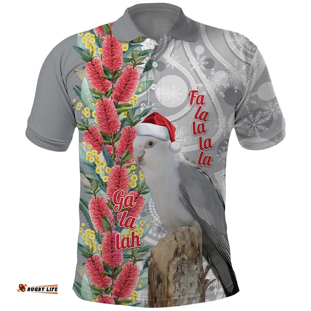 Blue Galah Mutation Christmas Australia Polo Shirt Falalalala Galalah Bottlebrush Grey Aboriginal Art LT14