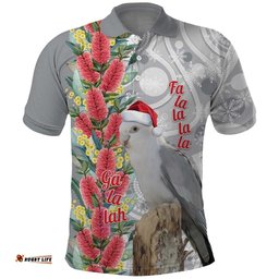 Blue Galah Mutation Christmas Australia Polo Shirt Falalalala Galalah Bottlebrush Grey Aboriginal Art LT14
