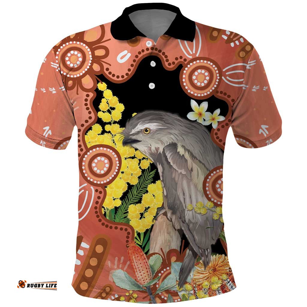 Australia Tawny Frogmouth Polo Shirt Golden Wattle Banksia Aboriginal Art LT14