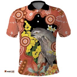 Australia Tawny Frogmouth Polo Shirt Golden Wattle Banksia Aboriginal Art LT14