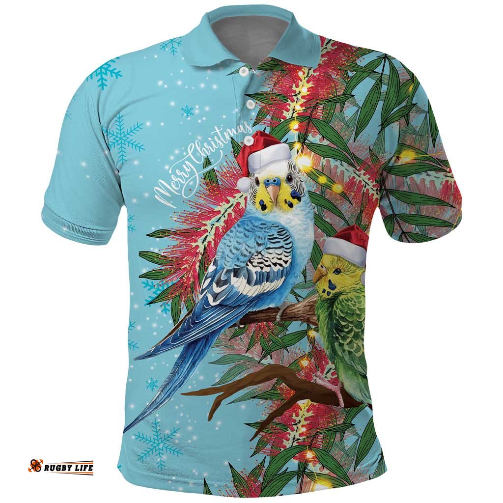 Blue Budgies on Callistemon Polo Shirt Merry Christmas Aussie LT7