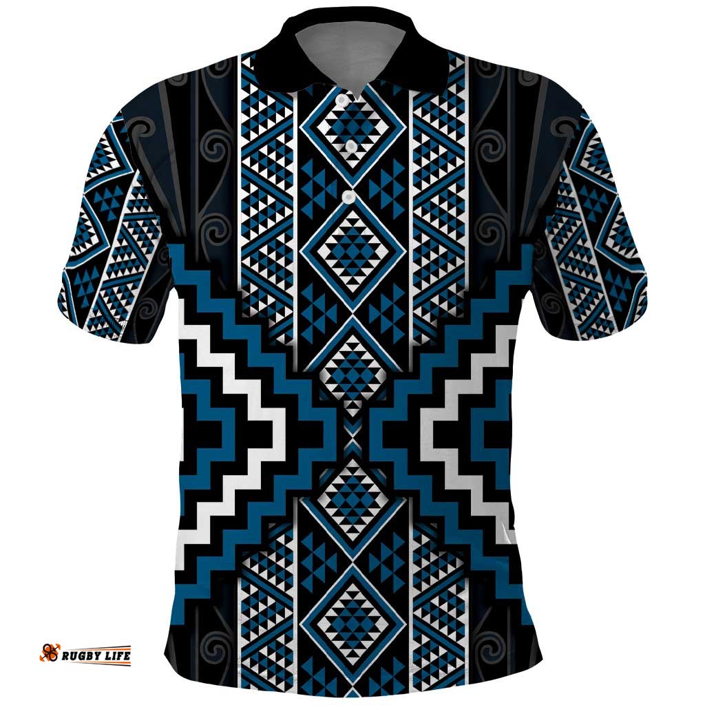 Azure Tukutuku Pattern Aotearoa Polo Shirt Niho Taniwha and Puhoro Motifs LT7