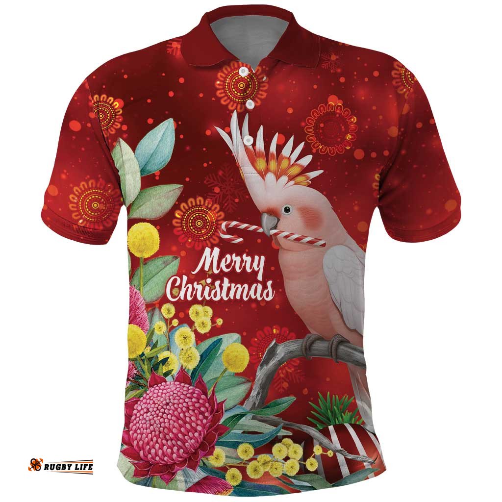 Australia Pink Cockatoo Christmas Polo Shirt Aussie Native Flowers Merry Xmas - Red LT14