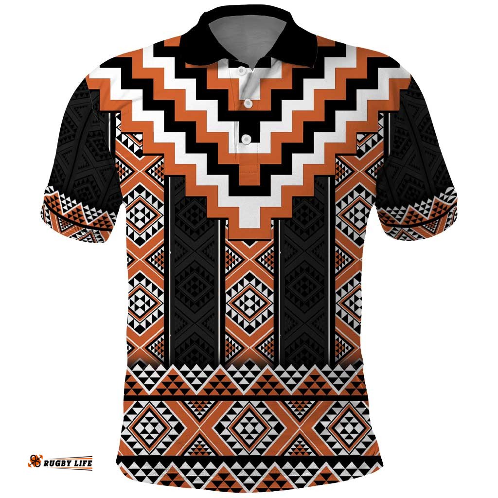 Orange Taniko Pattern Aotearoa Polo Shirt Niho Taniwha Mix Poutama LT14