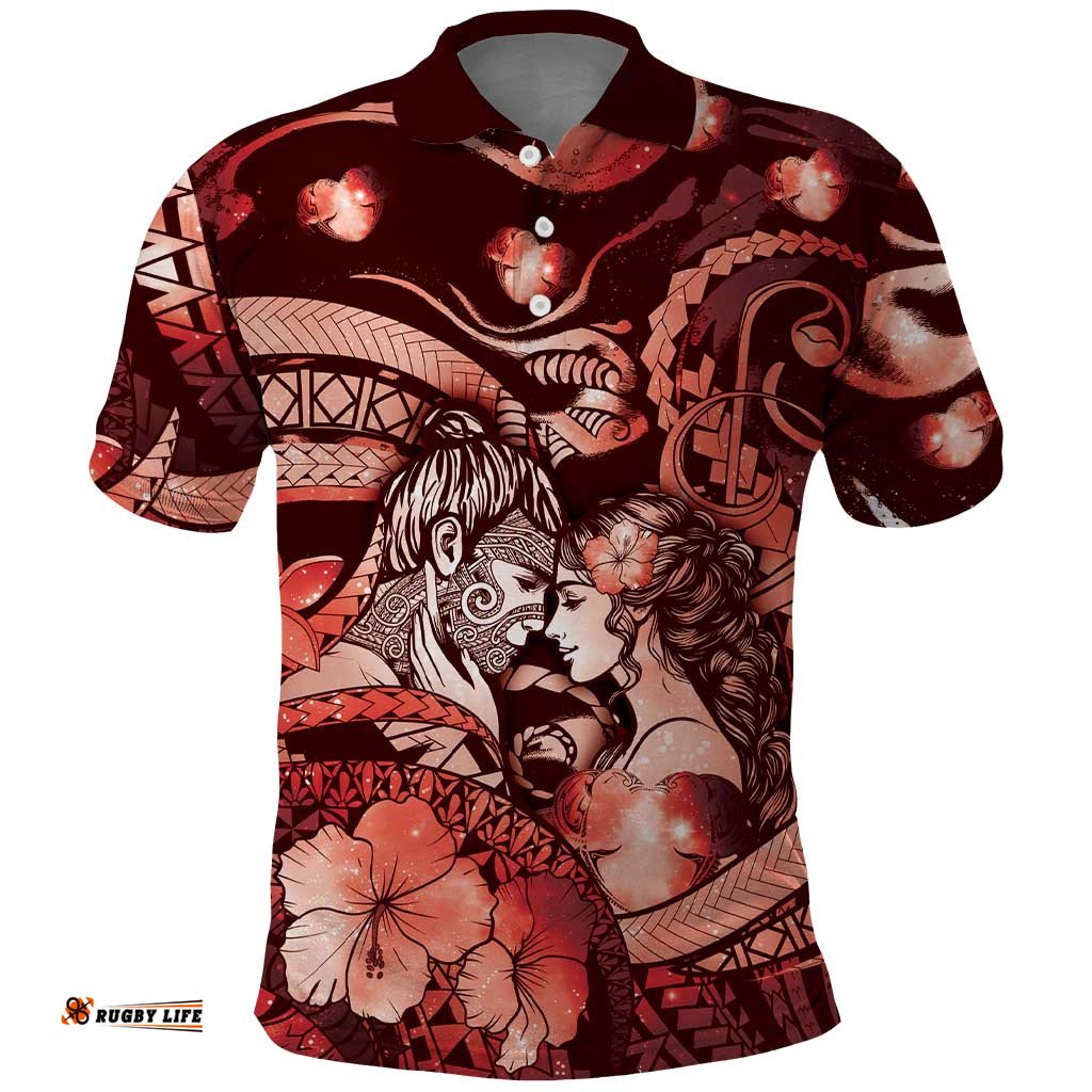 Personalised Maori Romantic Valentine Polo Shirt The Hongi Kiss Red Galaxy DT05