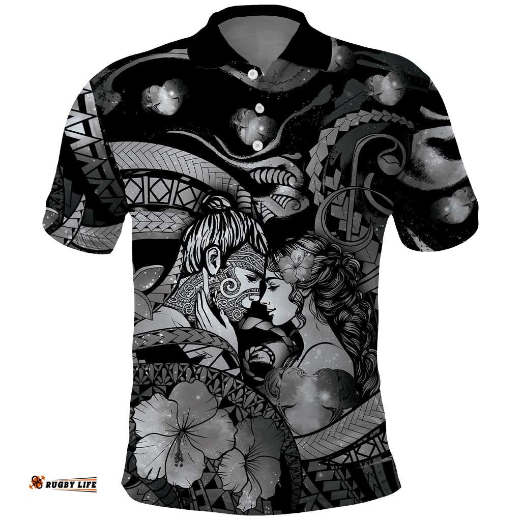Personalised Maori Romantic Valentine Polo Shirt The Hongi Kiss Black Galaxy DT05