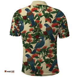 New Zealand Christmas Polo Shirt Romantic Tui Birds on Pohutukawa - Ivory LT7