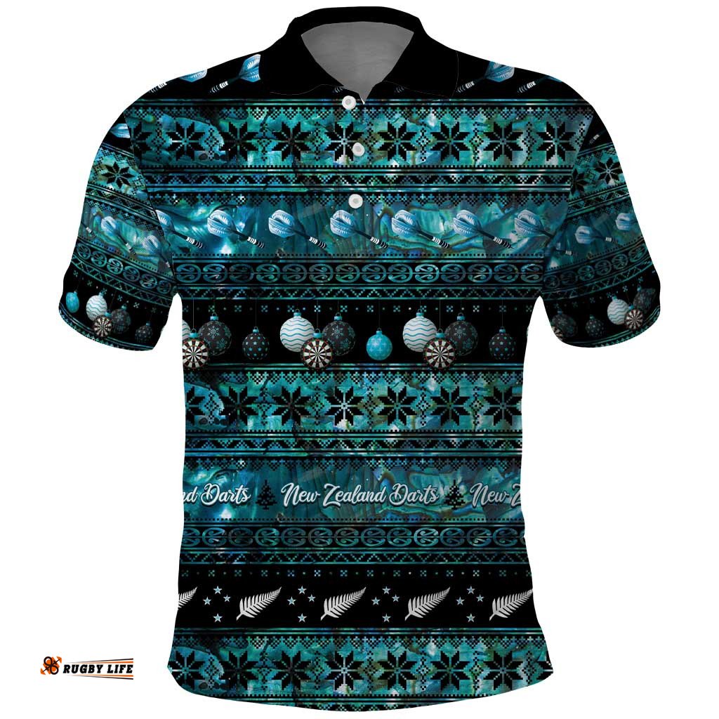 New Zealand Darts Christmas Polo Shirt Merry Xmas Aotearoa Maori Paua Shell LT14