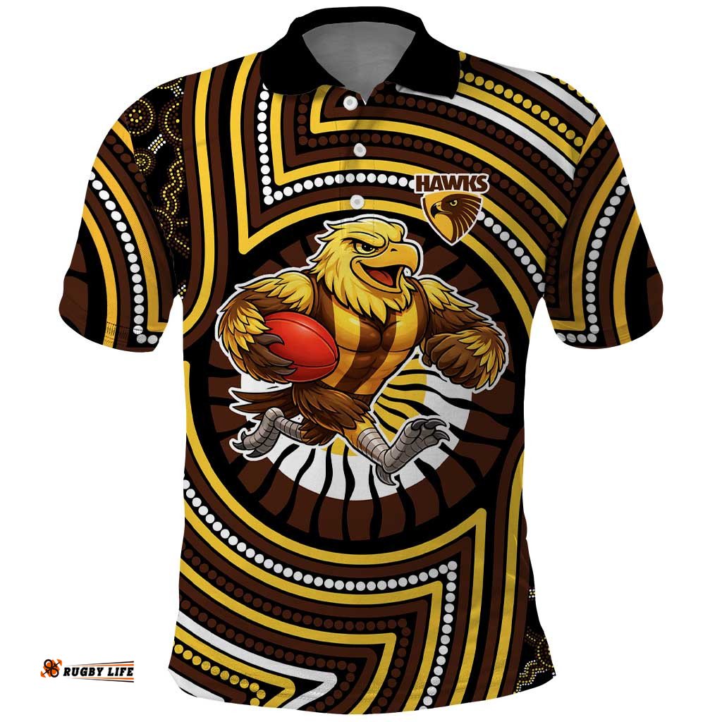 Hawthorn Hawks Polo Shirt Indigenous Monochrome Dot Art Mascot Style TS04