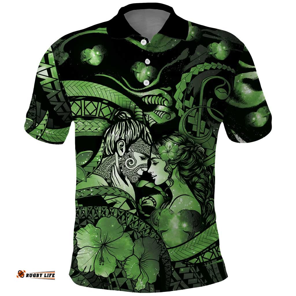 Personalised Maori Romantic Valentine Polo Shirt The Hongi Kiss Green Galaxy DT05