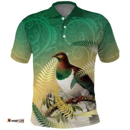 New Zealand Pigeon Kereru Polo Shirt Maori Fern Art Green Gradient LT05