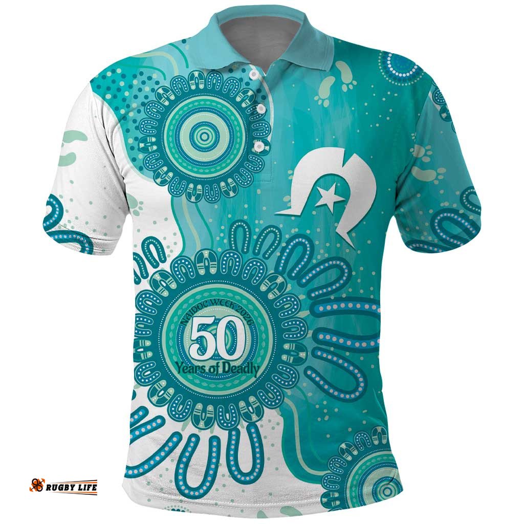 NAIDOC Week 2026 Polo Shirt 50 Years Deadly Dhari Cyan Aboriginal Art LT14