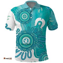NAIDOC Week 2026 Polo Shirt 50 Years Deadly Dhari Cyan Aboriginal Art LT14