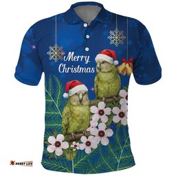 New Zealand Kakapo Christmas Polo Shirt Owl Parrot Santa Sliver Fern Manuka - Blue LT14