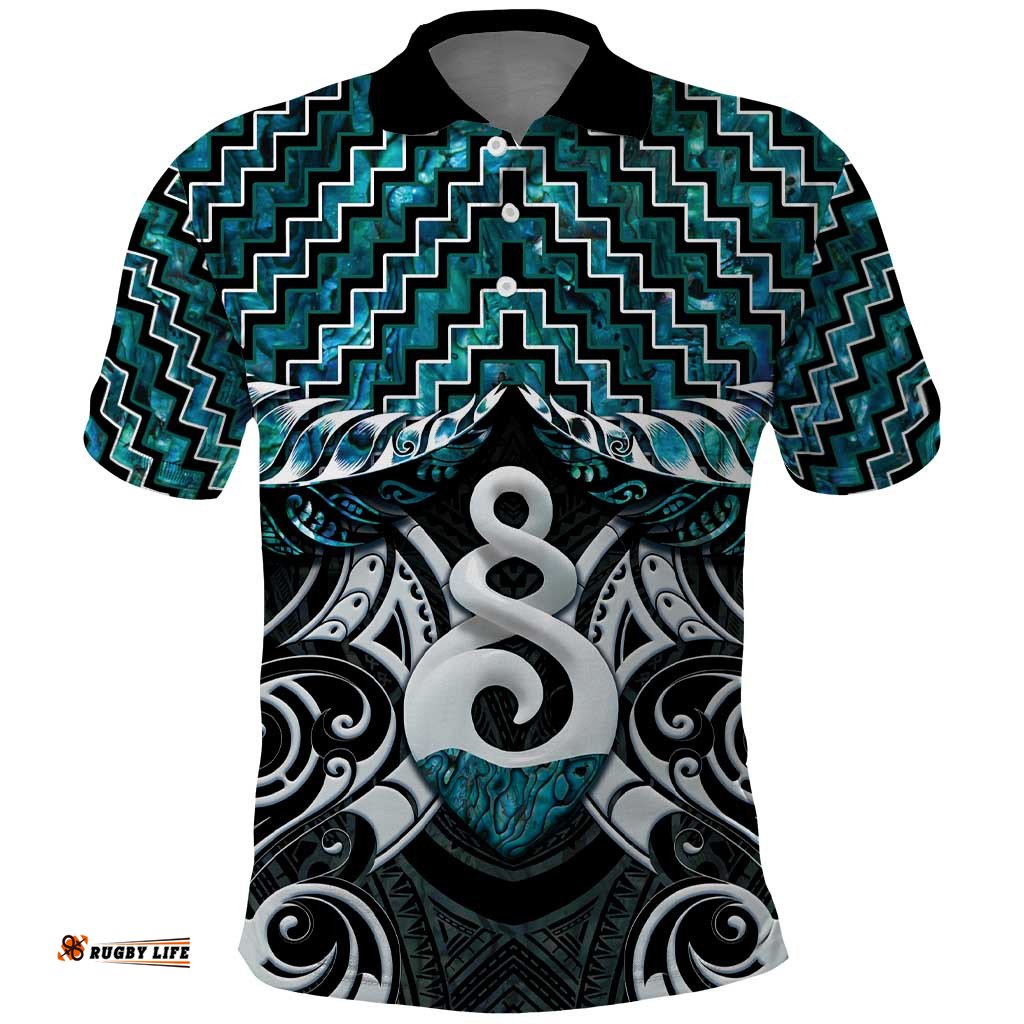 New Zealand Maori Polo Shirt Poutama Pikorua Turquoise Paua Shell LT05