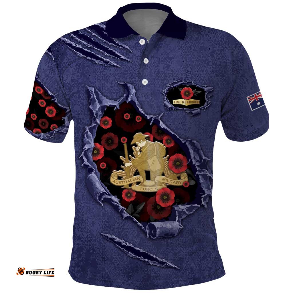 Personalised ANZAC Day Polo Shirt Poppy Flowers Ripped Fabric Effect DT05