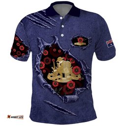 Personalised ANZAC Day Polo Shirt Poppy Flowers Ripped Fabric Effect DT05